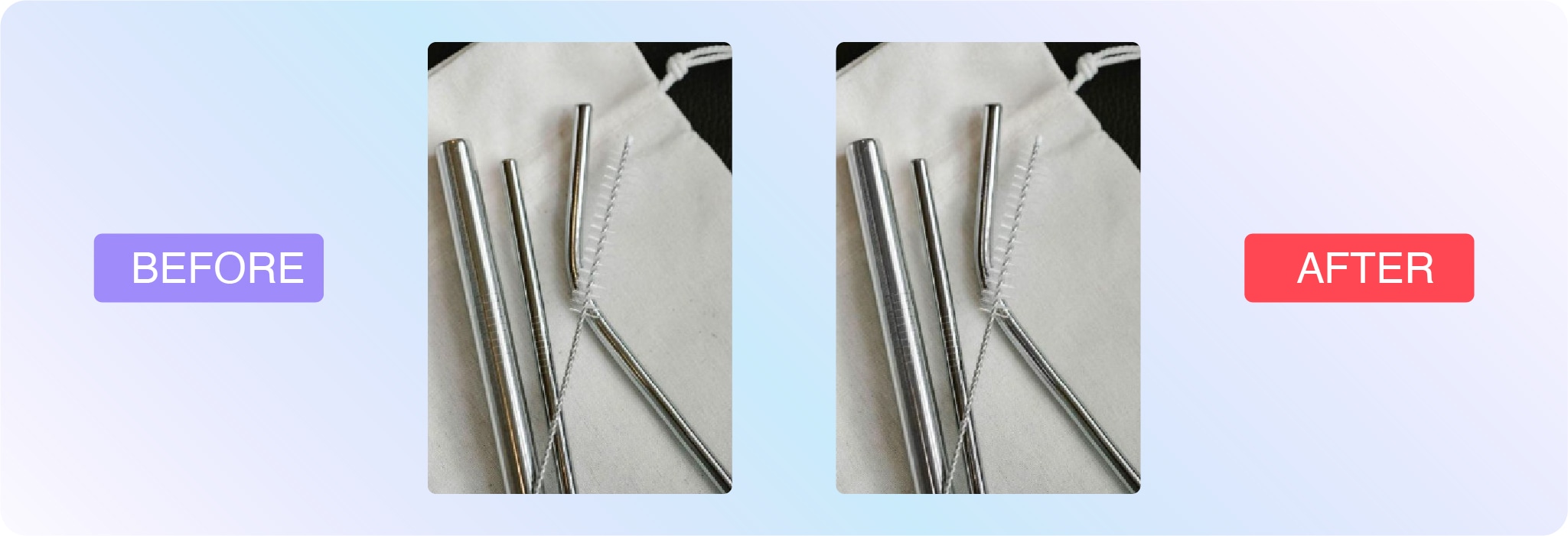 Set of metal straws with cleaning brush on a cloth pouch, labeled before and after.