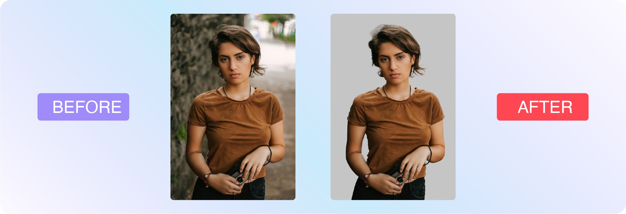 Before and after portrait editing with background removal of a woman wearing a brown t-shirt.