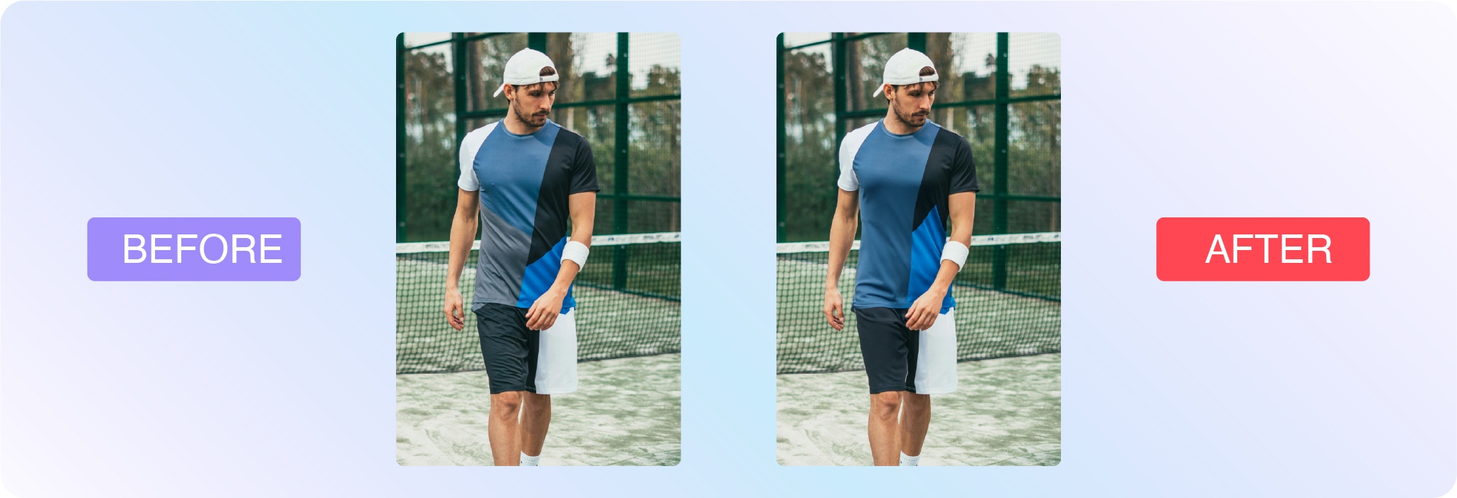 Before and after photo retouching showing wrinkle removal from a blue sports shirt worn by a man on a tennis court.