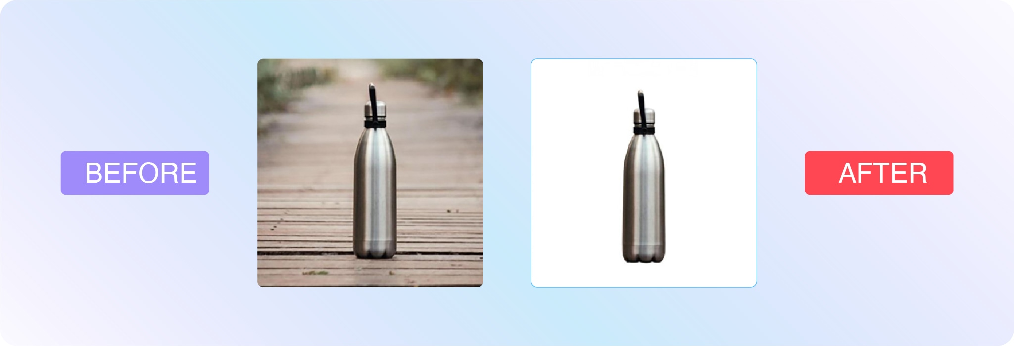 Before-and-after product photo editing with background removal for a bottle.