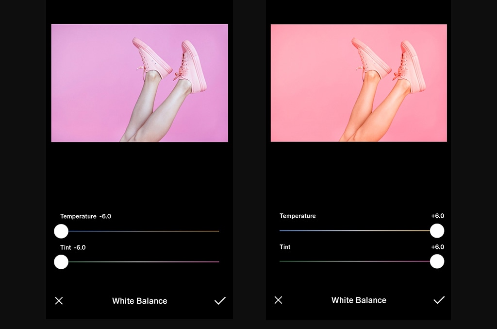 Comparison of white balance adjustment for pink shoes, showing cooler and warmer temperature and tint settings.