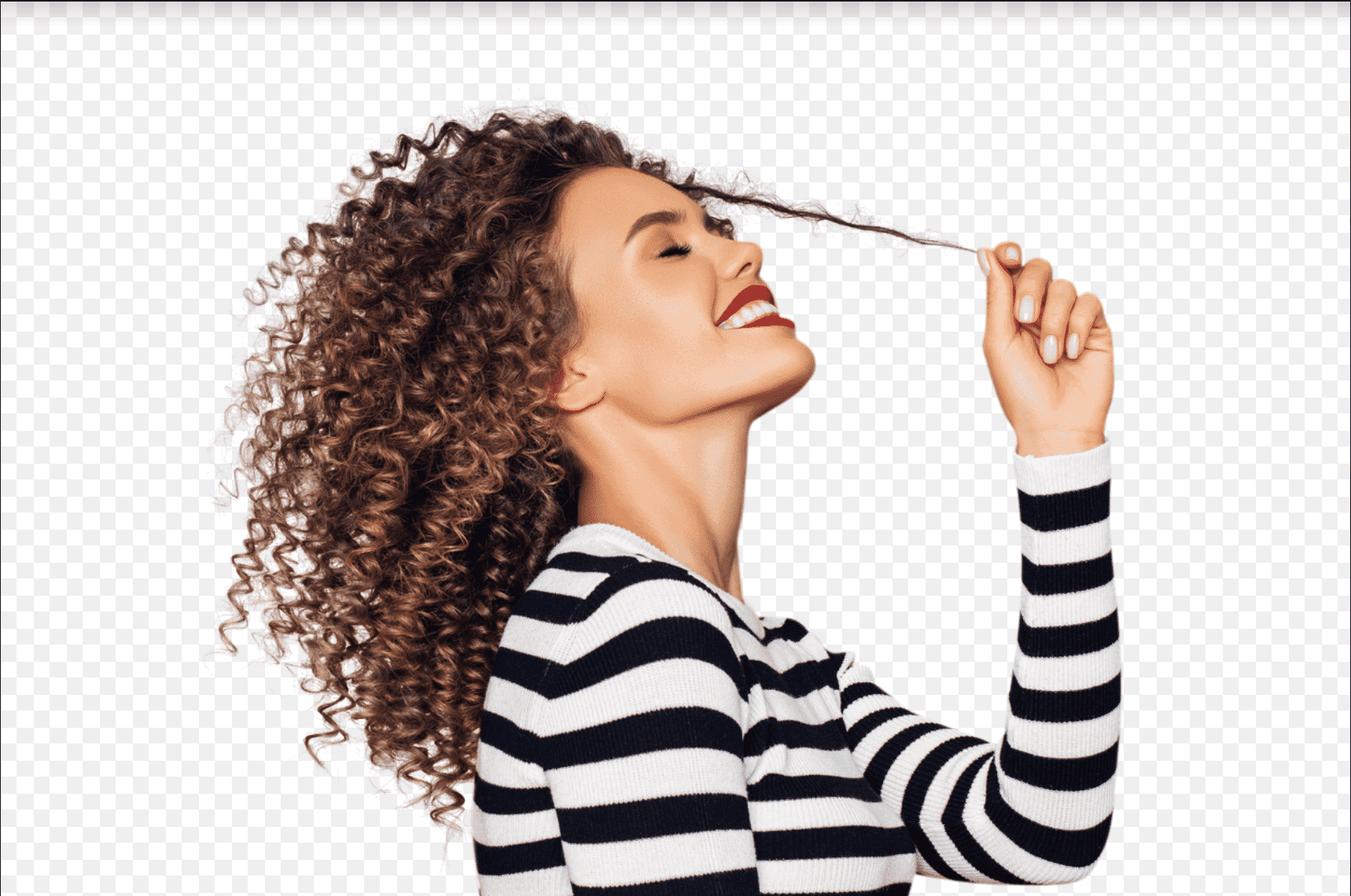 Smiling woman with curly hair in a striped top, isolated on a transparent background.