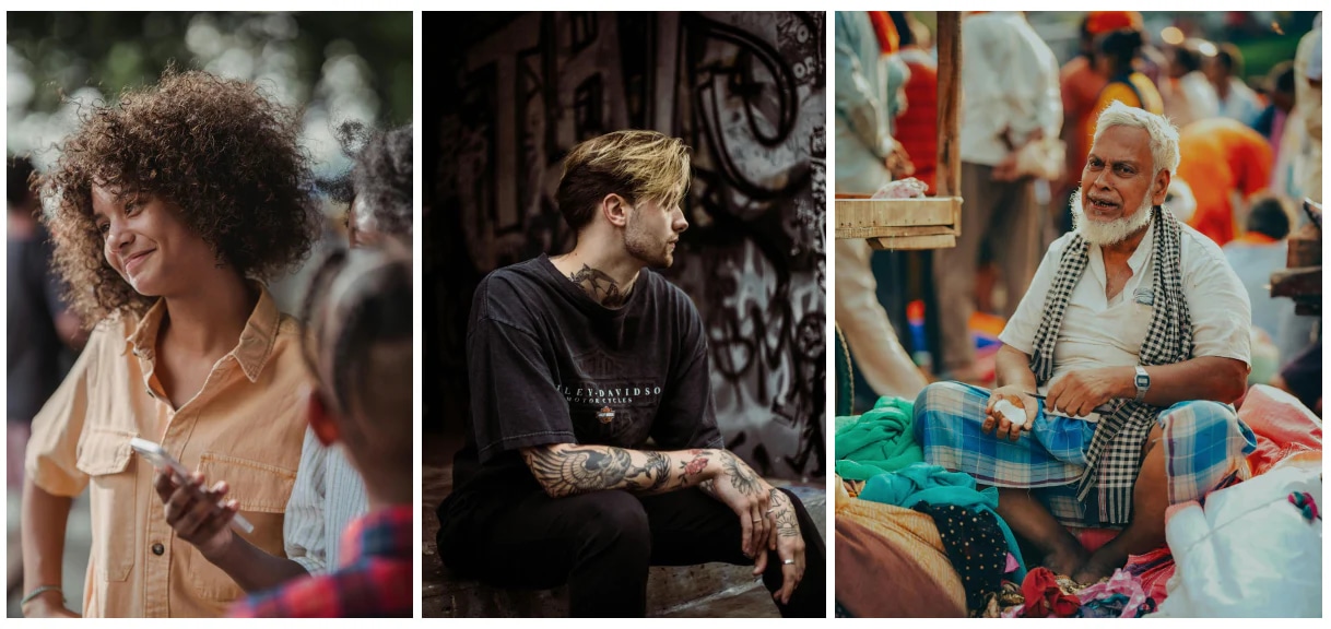 Three candid portraits featuring natural expressions: a smiling woman, a thoughtful man near graffiti, and a vendor in a bustling market.