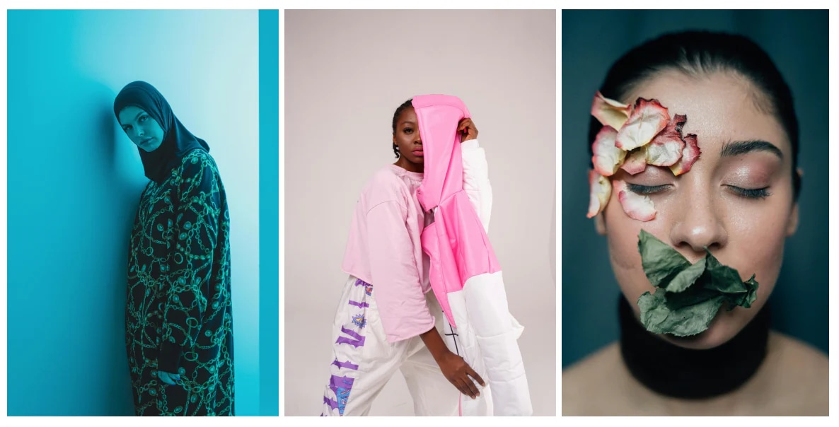 Three creative fine art portraits: a woman in a blue-lit setting, a model posing with a pink jacket, and a face adorned with petals and leaves.