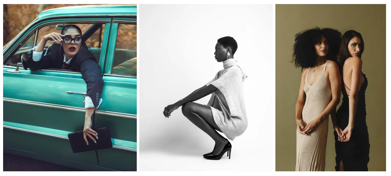 Three glamor portraits: a stylish woman leaning out of a vintage car, a monochrome shot of a model crouching, and two women in elegant dresses.