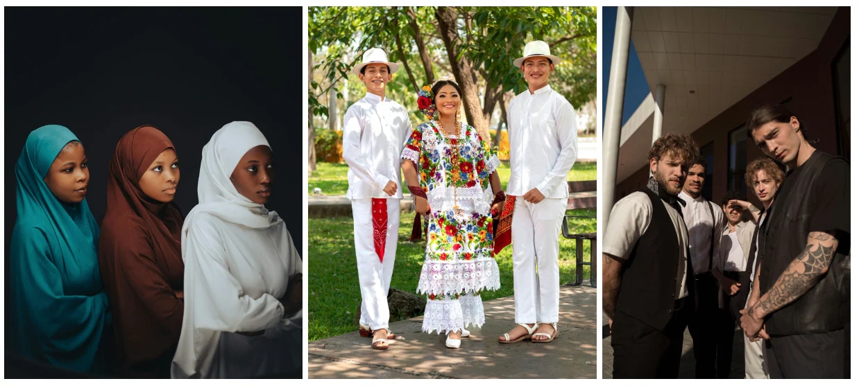 Three group portraits: women in colorful hijabs, performers in traditional Mexican attire, and a modern group with edgy fashion styling.