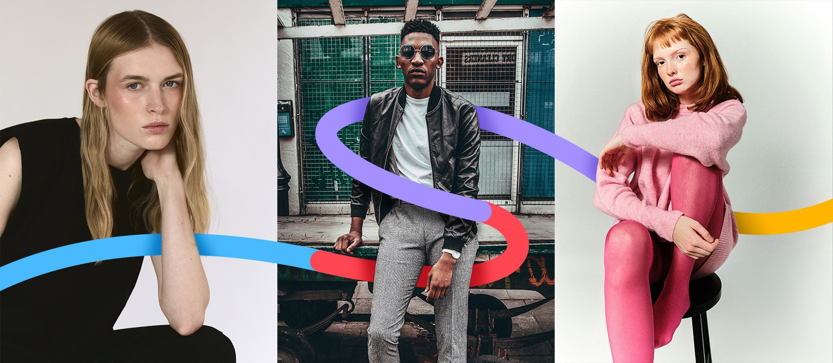 Three models in different portrait styles: studio, urban, and creative indoor, with colorful graphic accents overlaying the image.