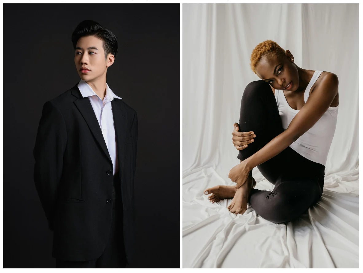 Two portraits demonstrating the art of posing: a formal pose with a dark background and a relaxed pose on a white draped set.