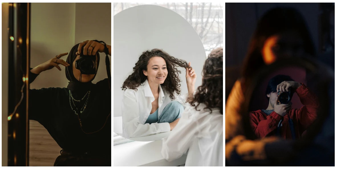 Three self-portraits: a photographer with a camera in low light, a woman smiling into a mirror, and another photographer reflected in a round mirror.