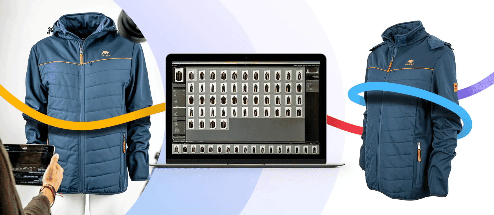 Blue winter jacket with yellow accents shown in 360-degree product photography setup with editing software