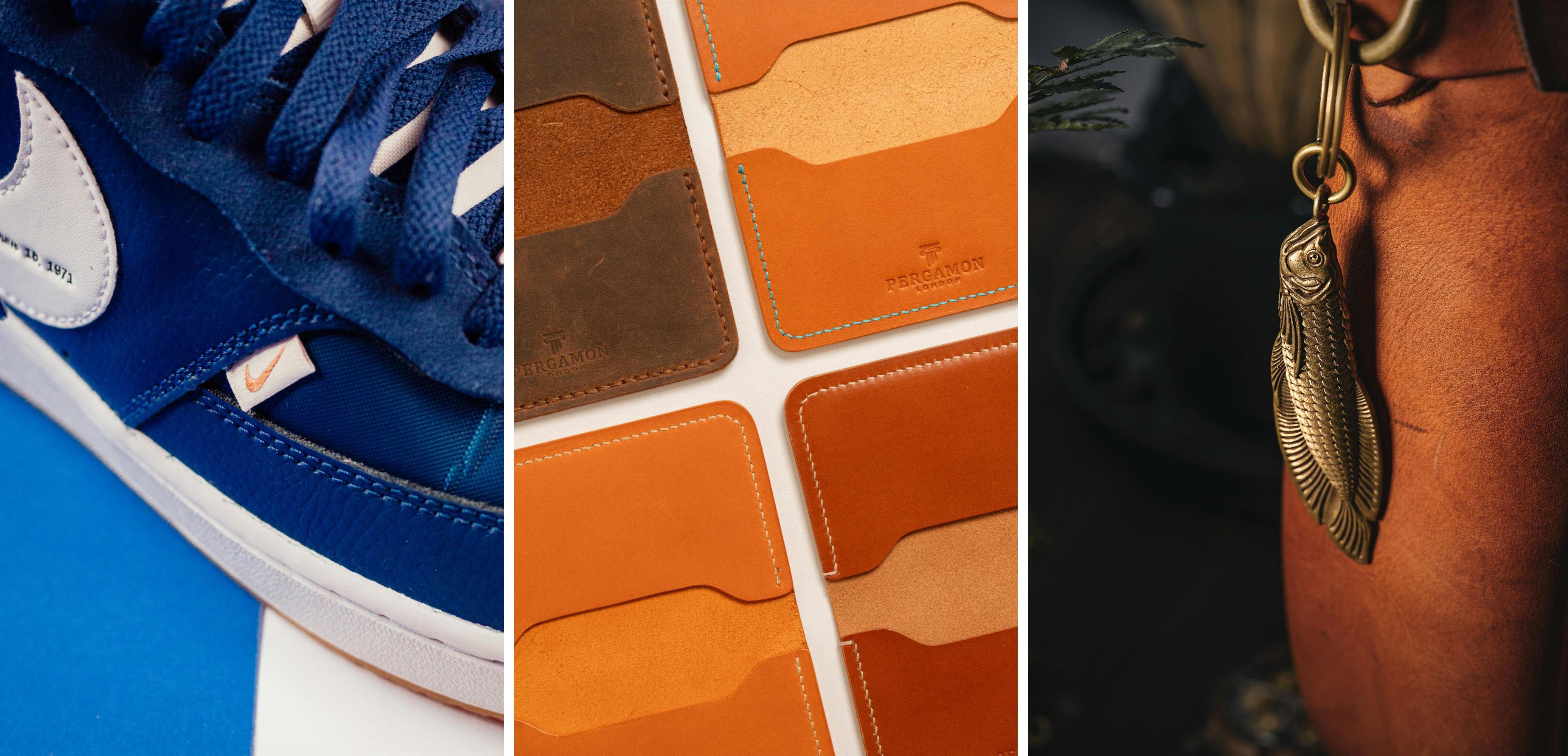 Composite image of detailed product photography featuring close-up shots: a blue Nike sneaker highlighting fabric and stitching, a flat lay of handcrafted leather cardholders with visible textures and seams, and a brass fish-shaped keychain on a leather bag—showcasing material quality and intricate design elements for luxury and fashion products.