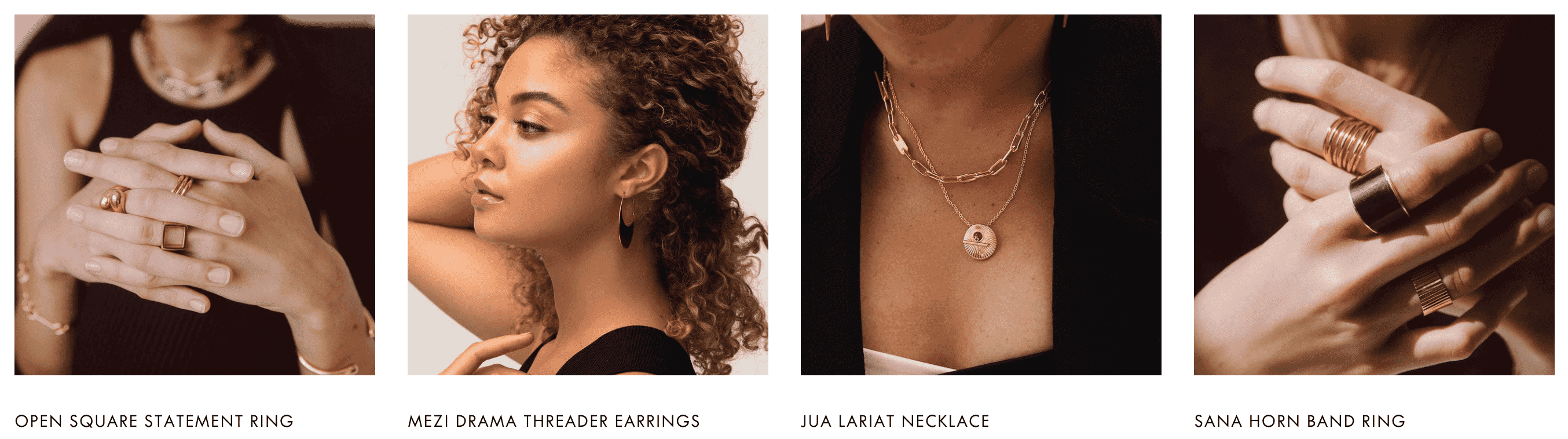 Close-up of model showcasing statement rings, threader earrings, and layered necklace from a luxury jewelry collection.