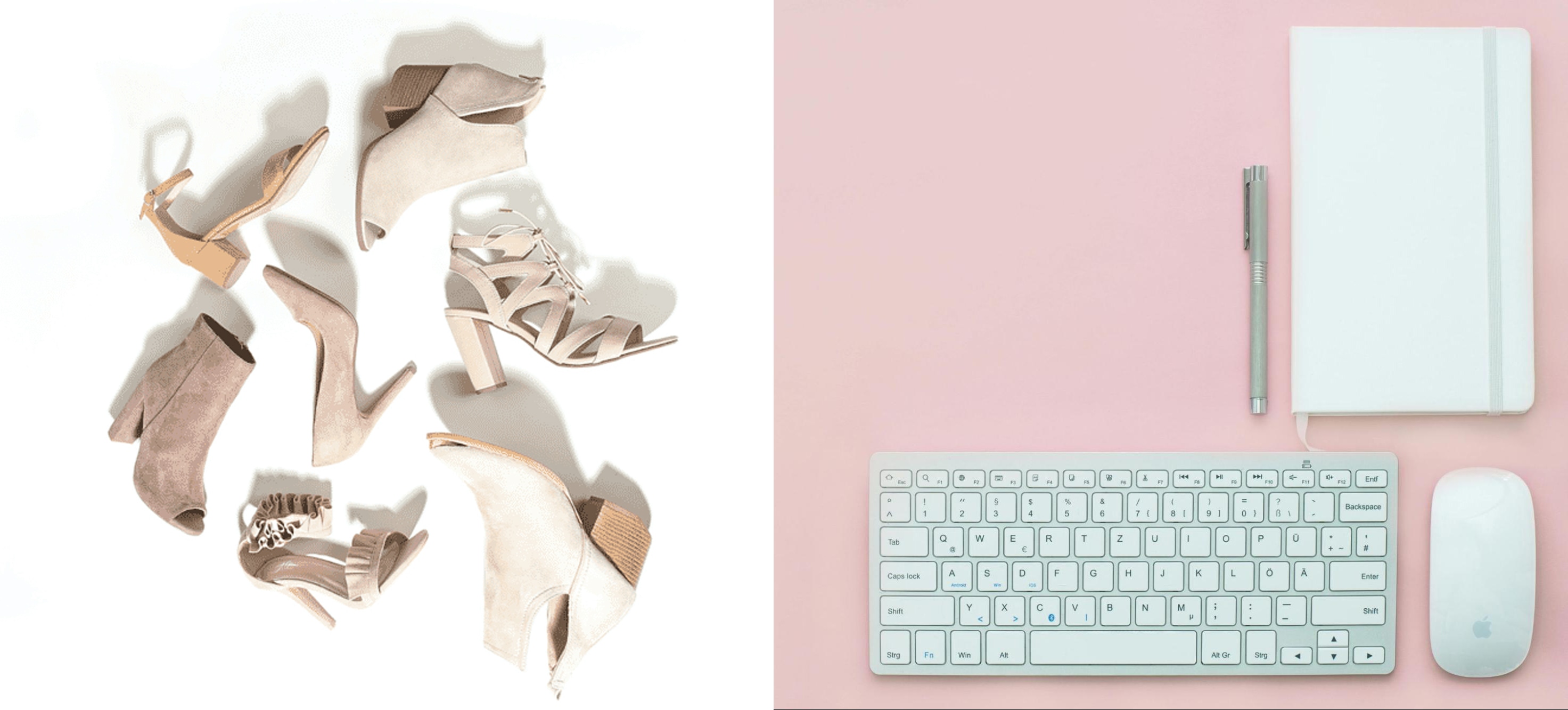 Flat lay image combining beige high-heeled shoes arranged on a white background and a minimalist workspace setup with a white keyboard, notebook, pen, and Apple mouse on a soft pink backdrop—ideal for ecommerce, fashion, and lifestyle branding.