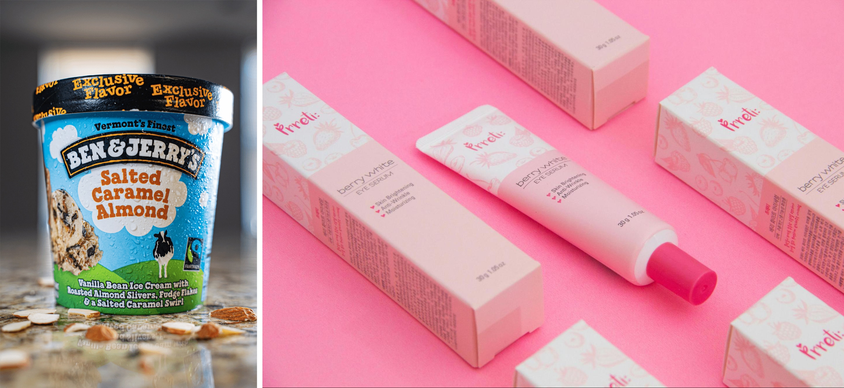 Side-by-side product packaging photo featuring a close-up of Ben & Jerry’s Salted Caramel Almond ice cream container with condensation, and multiple berry-themed boxes of Pireti Berry White eye serum on a pink background—ideal for showcasing food and beauty packaging design for ecommerce.