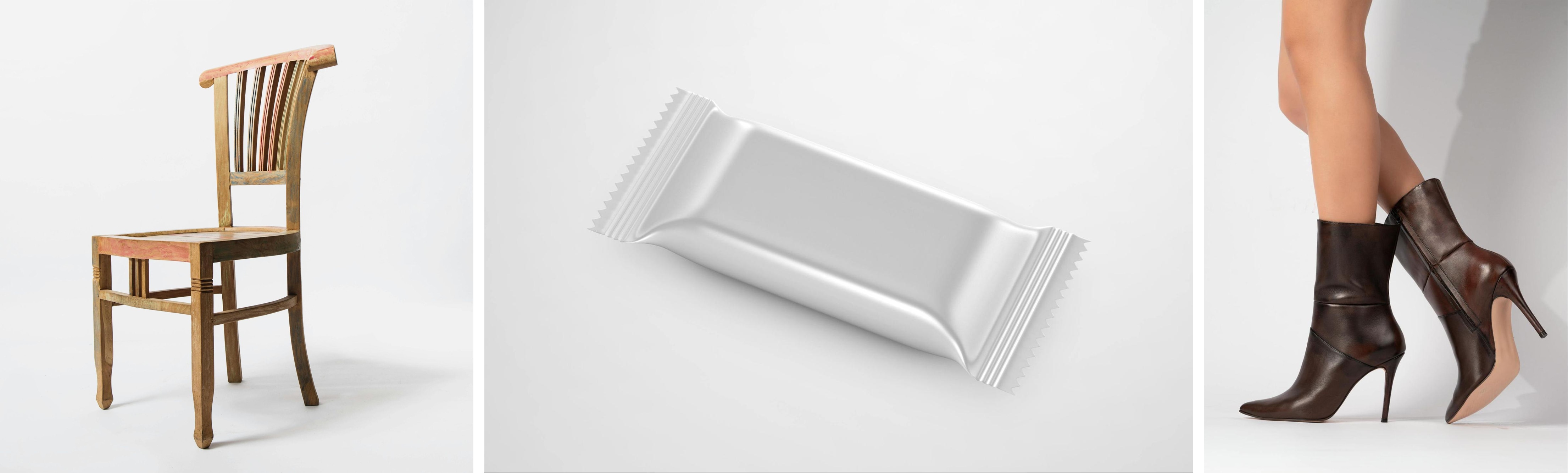 Composite image showcasing white background product photography: a rustic wooden chair, a silver candy bar packaging mockup, and brown leather high-heeled boots—demonstrating clean, ecommerce-ready visuals commonly used on marketplaces like Amazon and eBay.