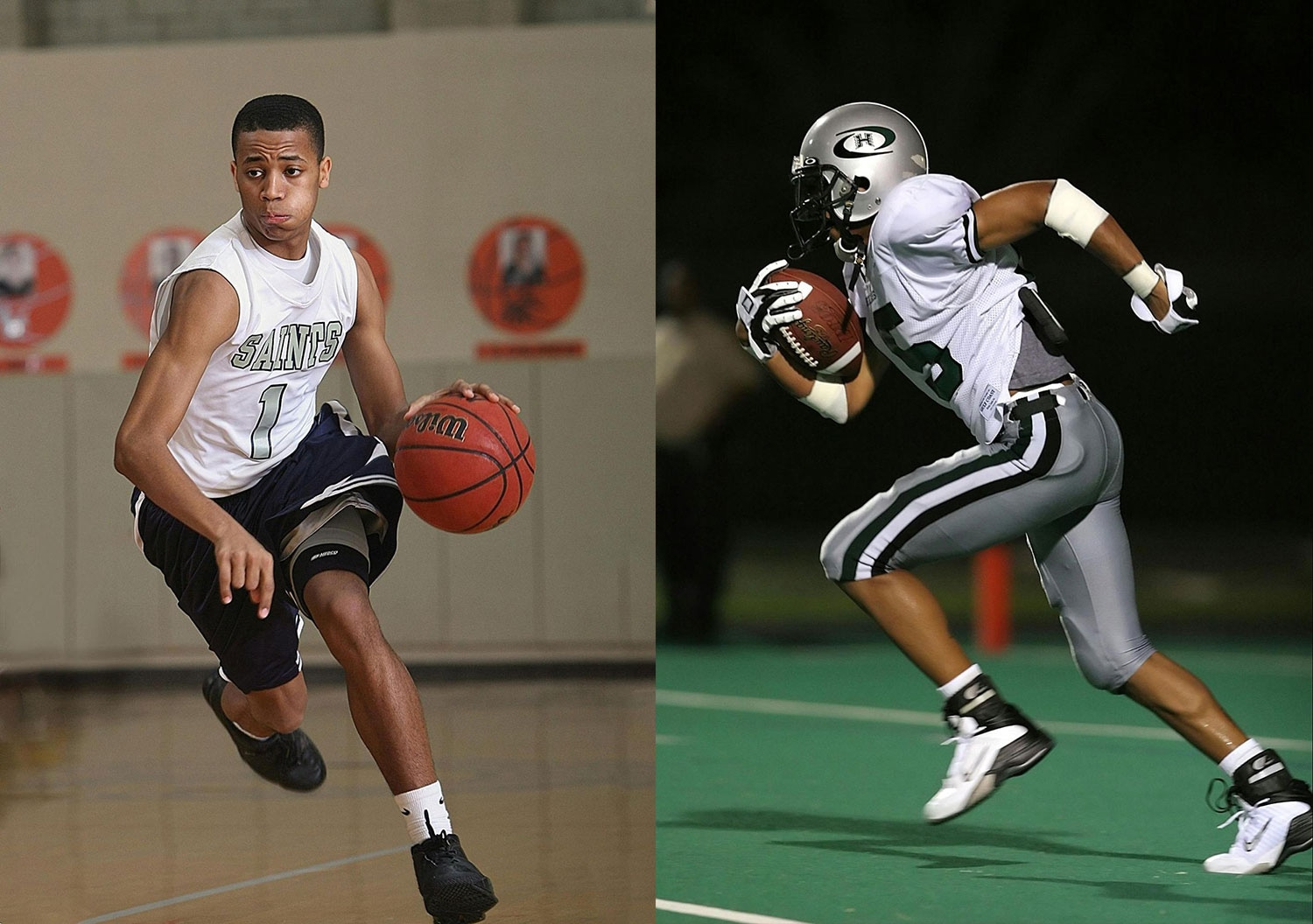 Action shots of basketball and football players in motion during games, highlighting athletic movement