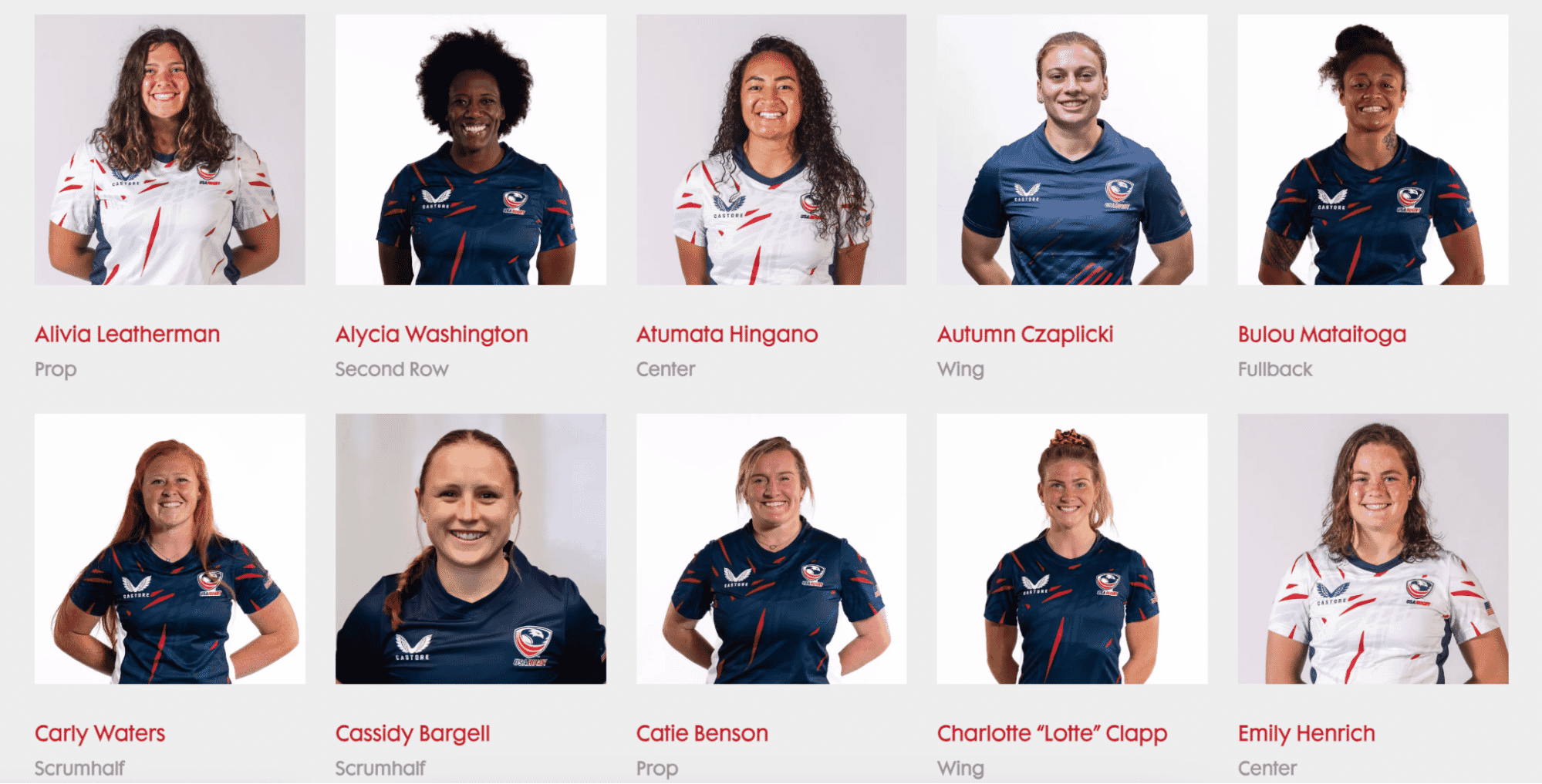 Headshots of Women's Eagles rugby team players with names and positions displayed