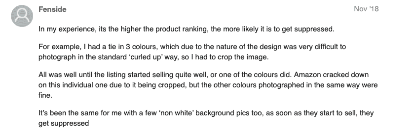 User comment about Amazon suppressing product listings with non-white or cropped backgrounds once items start selling.
