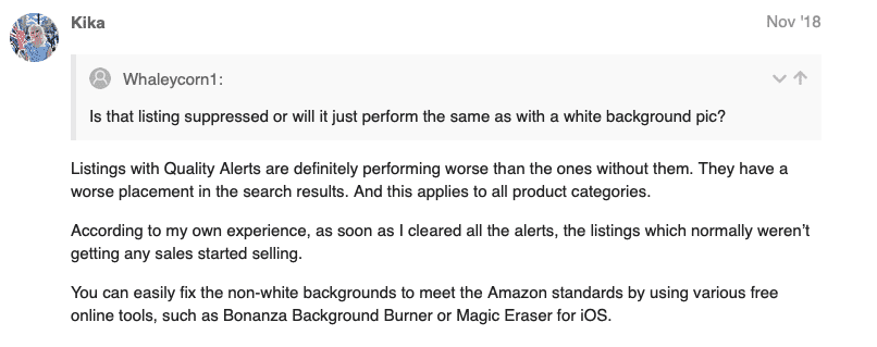 User comment on Amazon Quality Alerts reducing visibility for listings with non-white backgrounds, suggesting tools for background correction.