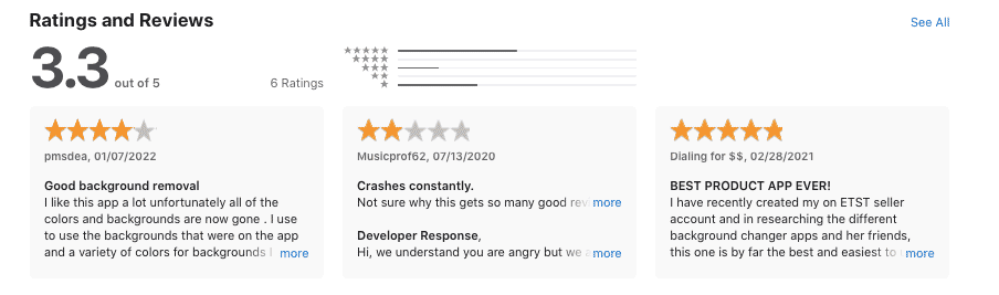 Screenshot showing a 3.3 out of 5 rating with user reviews for a background removal app, including positive and critical feedback.