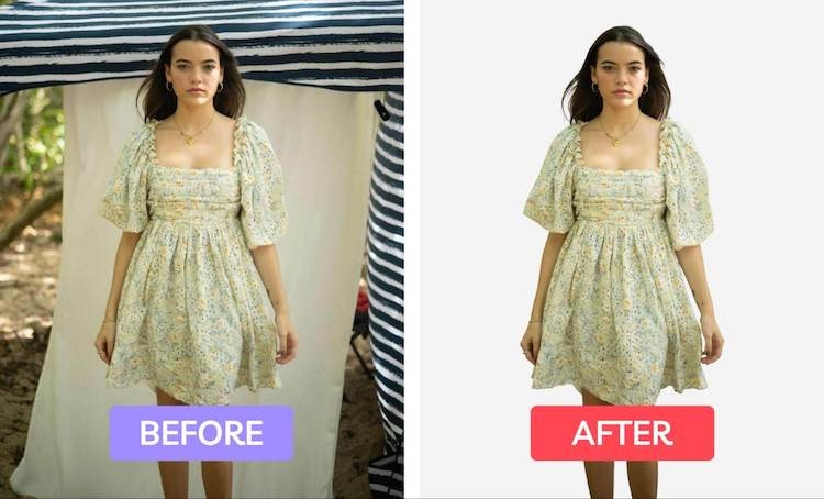 Side-by-side comparison of a model in a floral dress with original background versus white background after editing.