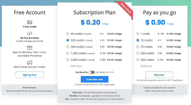 Comparison of free, subscription, and pay-as-you-go pricing plans for image editing services, showing different credit options and prices per image.