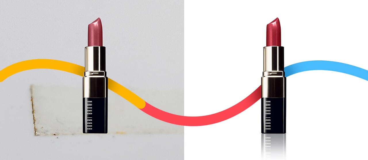 Before and after image of a lipstick with background removed, showing a clean white background