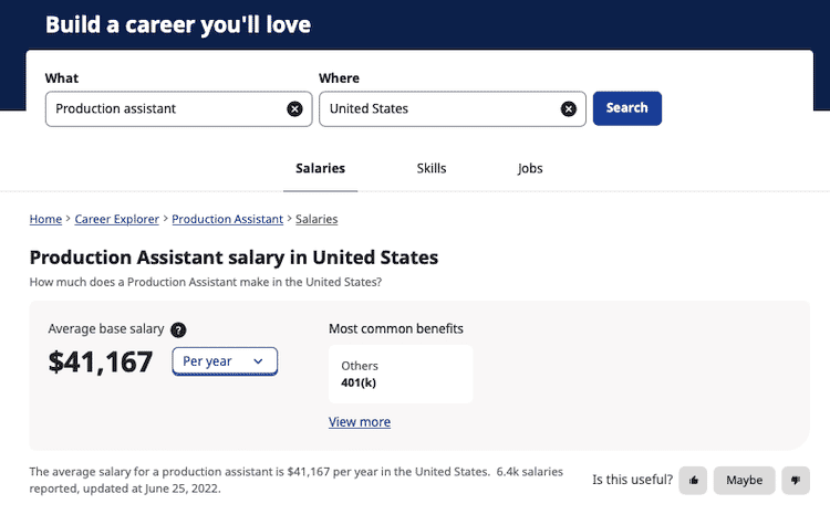 Screenshot showing the average annual salary for a production assistant in the U.S. at $41,167, including common benefits like 401(k).