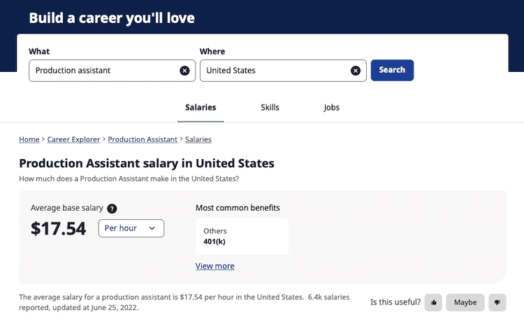 Screenshot of a job salary page showing the average hourly wage of $17.54 for a production assistant in the United States.