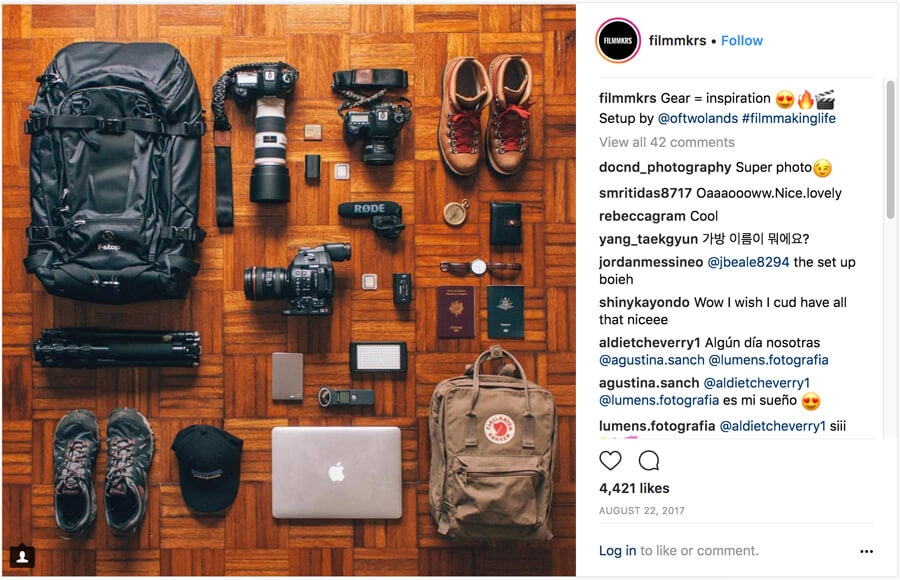Flatlay of filmmaker essentials including cameras, lenses, backpack, laptop, and travel accessories on wooden floor.