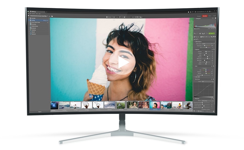 ACDSee Photo Studio interface on a curved monitor showing tools for professional photo management and editing.
