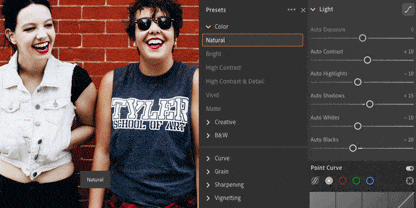 Screenshot of Adobe Lightroom preset options for adjusting photo light, color, and detail.