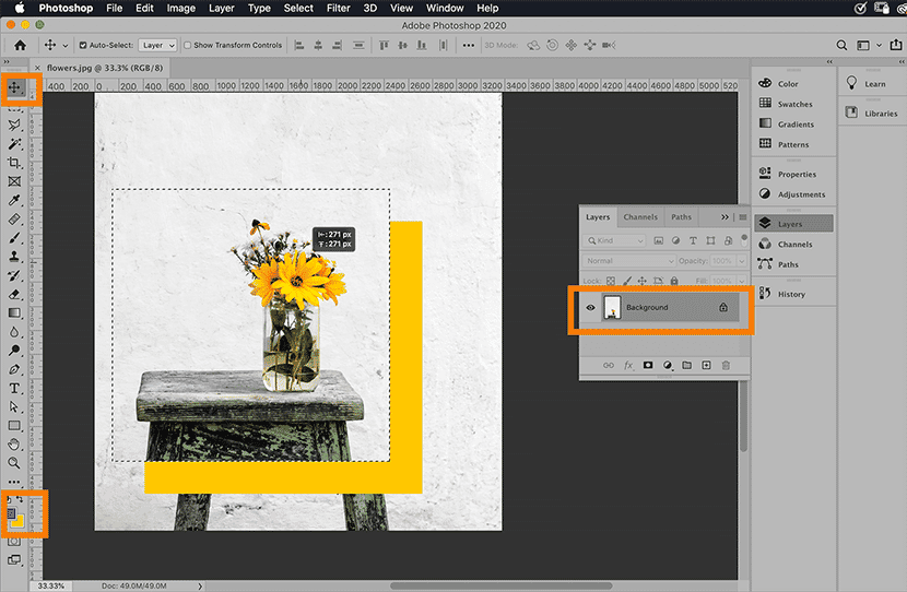 Adobe Photoshop interface showing tools for removing backgrounds around a flower vase on a wooden stool.