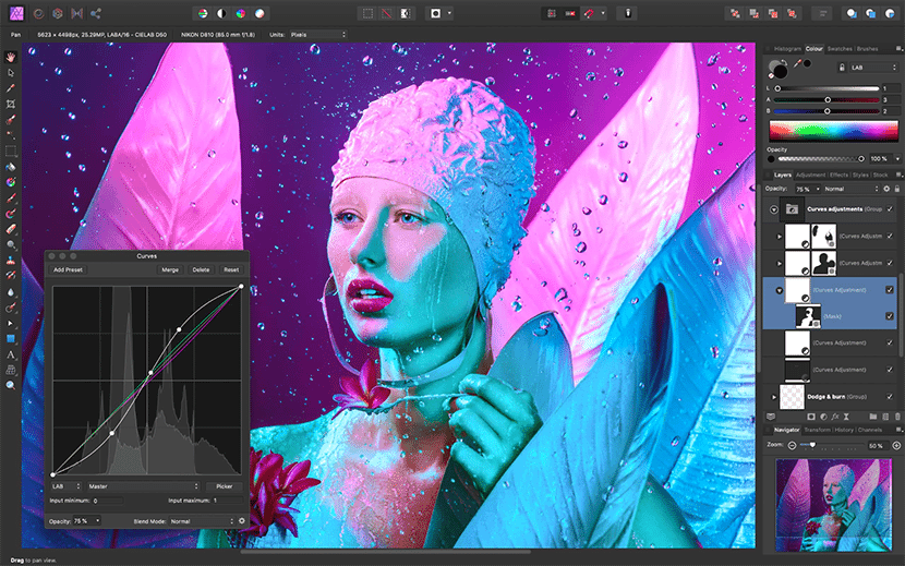 Affinity Photo interface showing color curves adjustments on an artistic portrait with vibrant hues and water droplets.