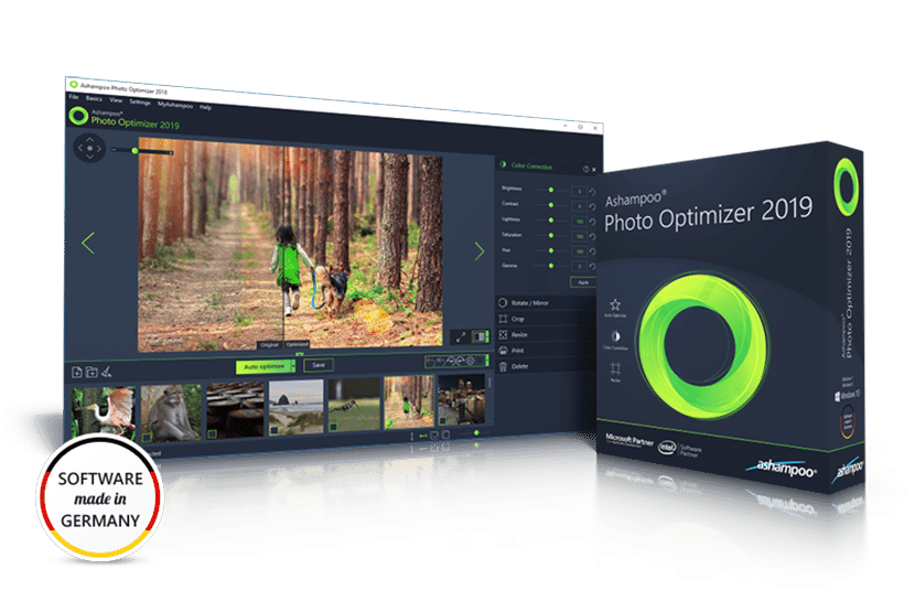 Ashampoo Photo Optimizer 2019 interface showing easy photo enhancement options with color correction tools.