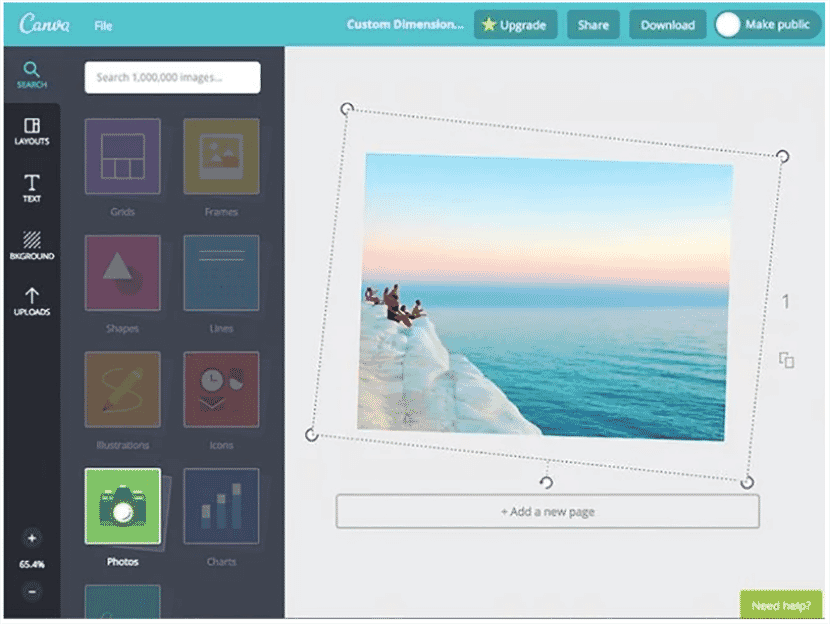 Canva editor showing easy-to-use layout and design tools with an image being adjusted on a customizable canvas.