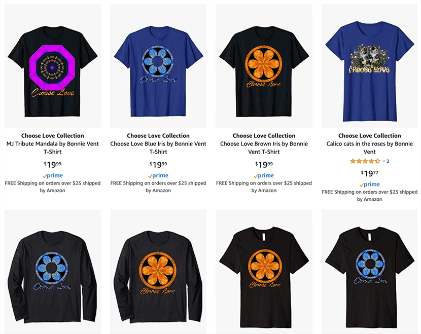 Various "Choose Love" collection T-shirts featuring unique mandala and floral designs available on Amazon.
