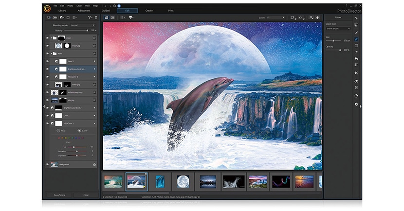 CyberLink PhotoDirector interface displaying advanced photo compositing tools with a surreal dolphin and moon scene.