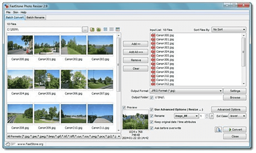 FastStone Photo Resizer interface showing batch processing options for resizing, renaming, and converting multiple images.