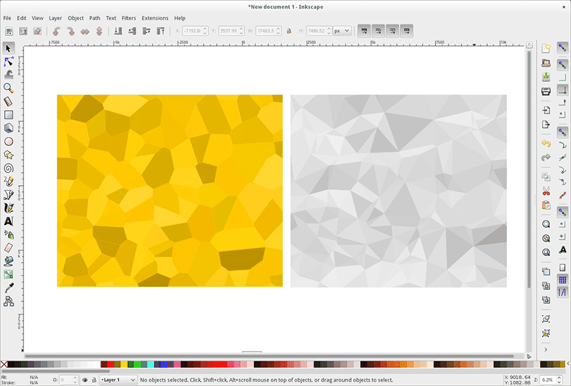 Inkscape interface displaying vector graphic patterns with yellow and gray polygon designs on a blank canvas.