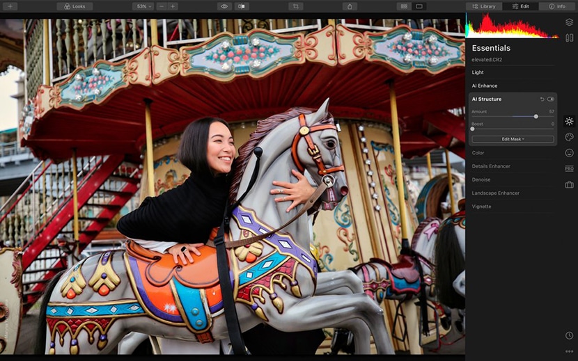 Luminar interface showing AI enhancement tools applied to a vibrant portrait of a woman on a carousel horse.