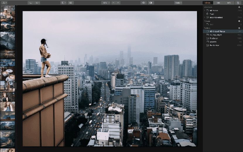 Luminar interface displaying photo library and editing tools with a cityscape image and collection of preview thumbnails.