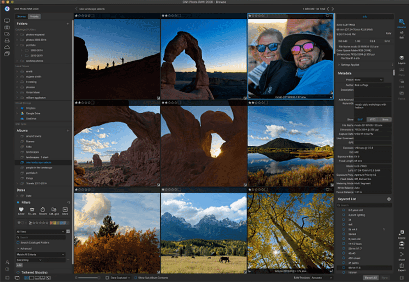 ON1 Photo RAW interface displaying photo management and editing tools with a gallery of landscape and portrait images.