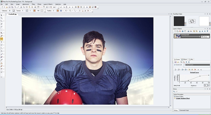 Photo Pos Pro interface showing editing tools for enhancing a portrait of a football player with background effects.
