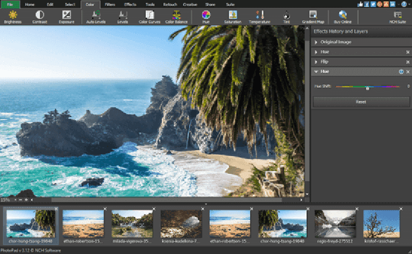 PhotoPad Image Editor interface showing color adjustment options and effects for enhancing a coastal landscape photo.