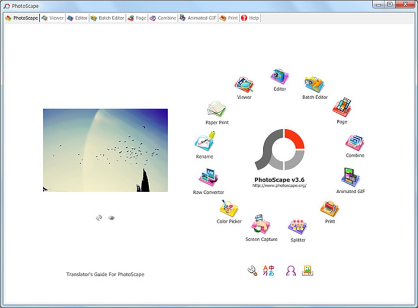 PhotoScape interface displaying various editing tools, including batch editor, viewer, GIF creator, and color picker.
