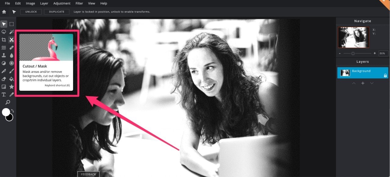 Pixlr interface highlighting the cutout and mask tool for removing or adjusting backgrounds on an image layer.