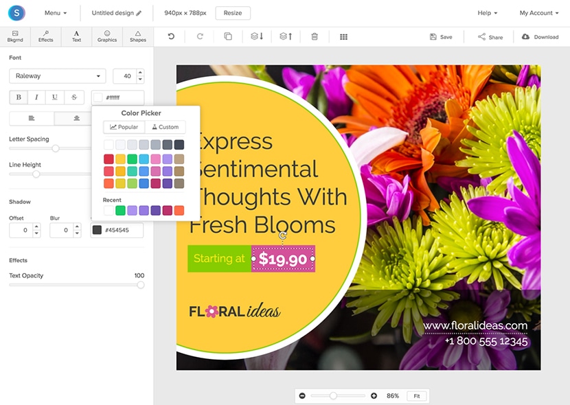 Snappa interface with design tools used to create a colorful social media ad for a floral business promotion.