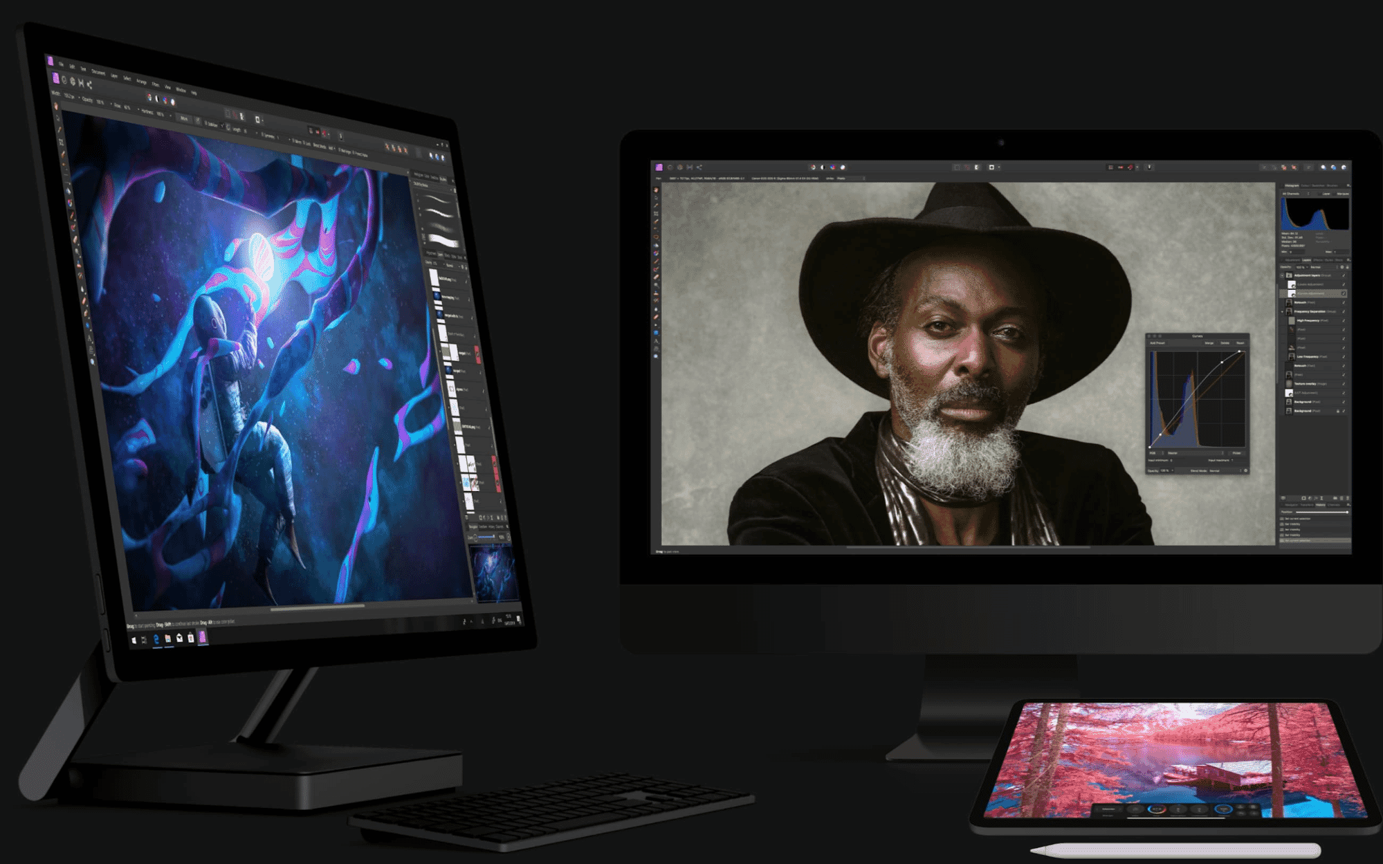 Dual monitors displaying advanced photo editing in Affinity Photo, with a vibrant illustration and a portrait retouching.