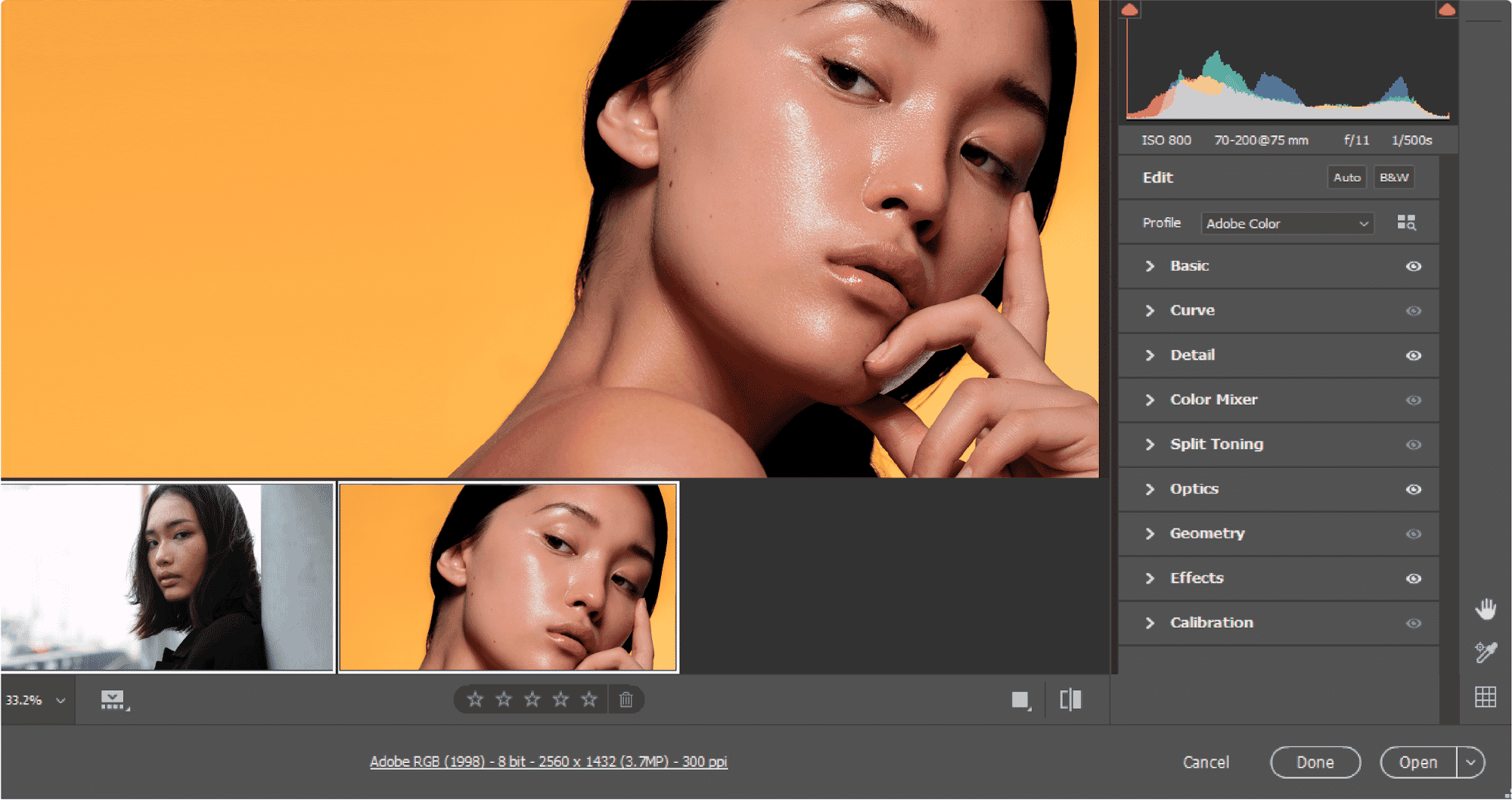 Close-up portrait editing in Adobe Camera Raw, showcasing skin retouching adjustments and color correction tools.
